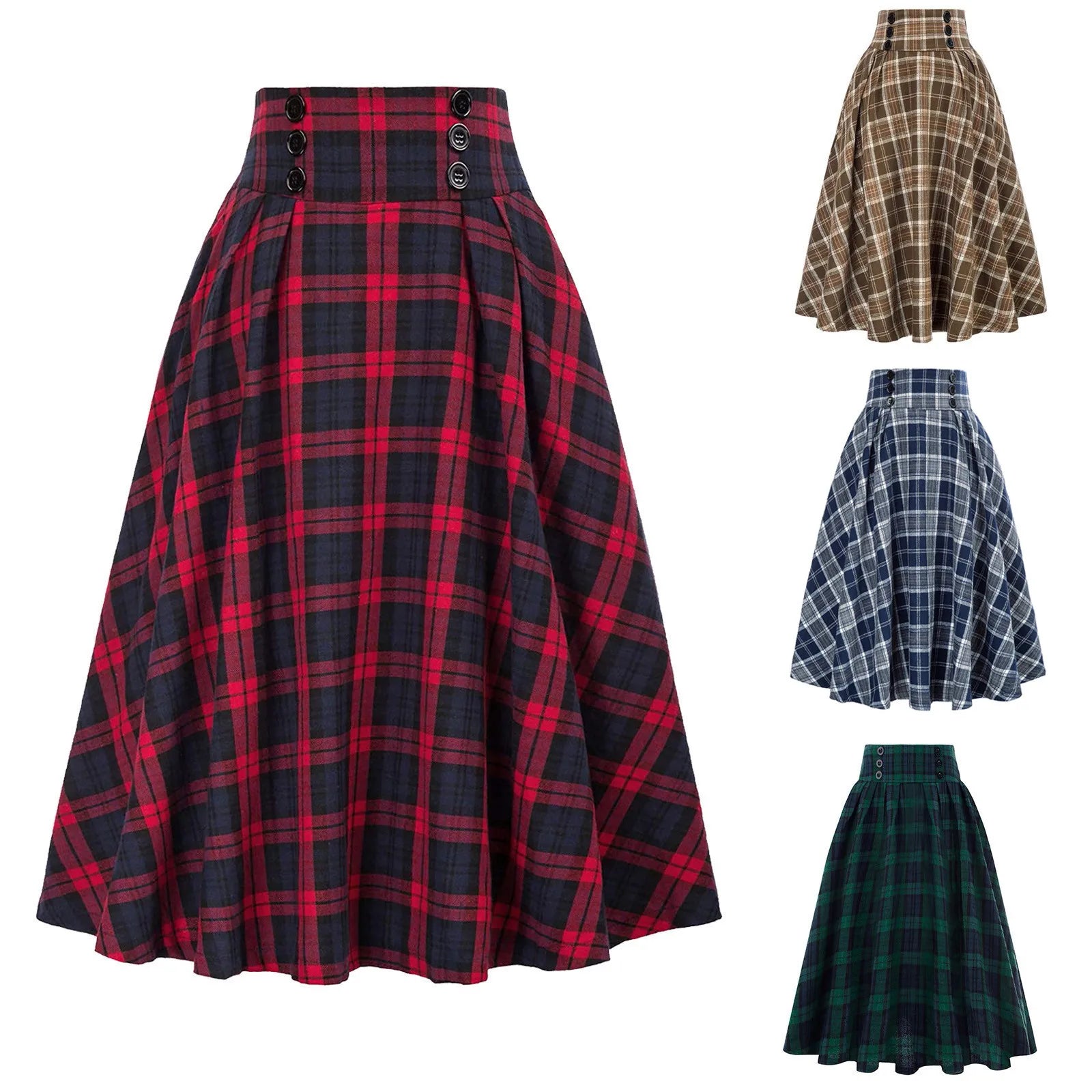High Waist Plaid Button Detail A Line Midi Skirt
