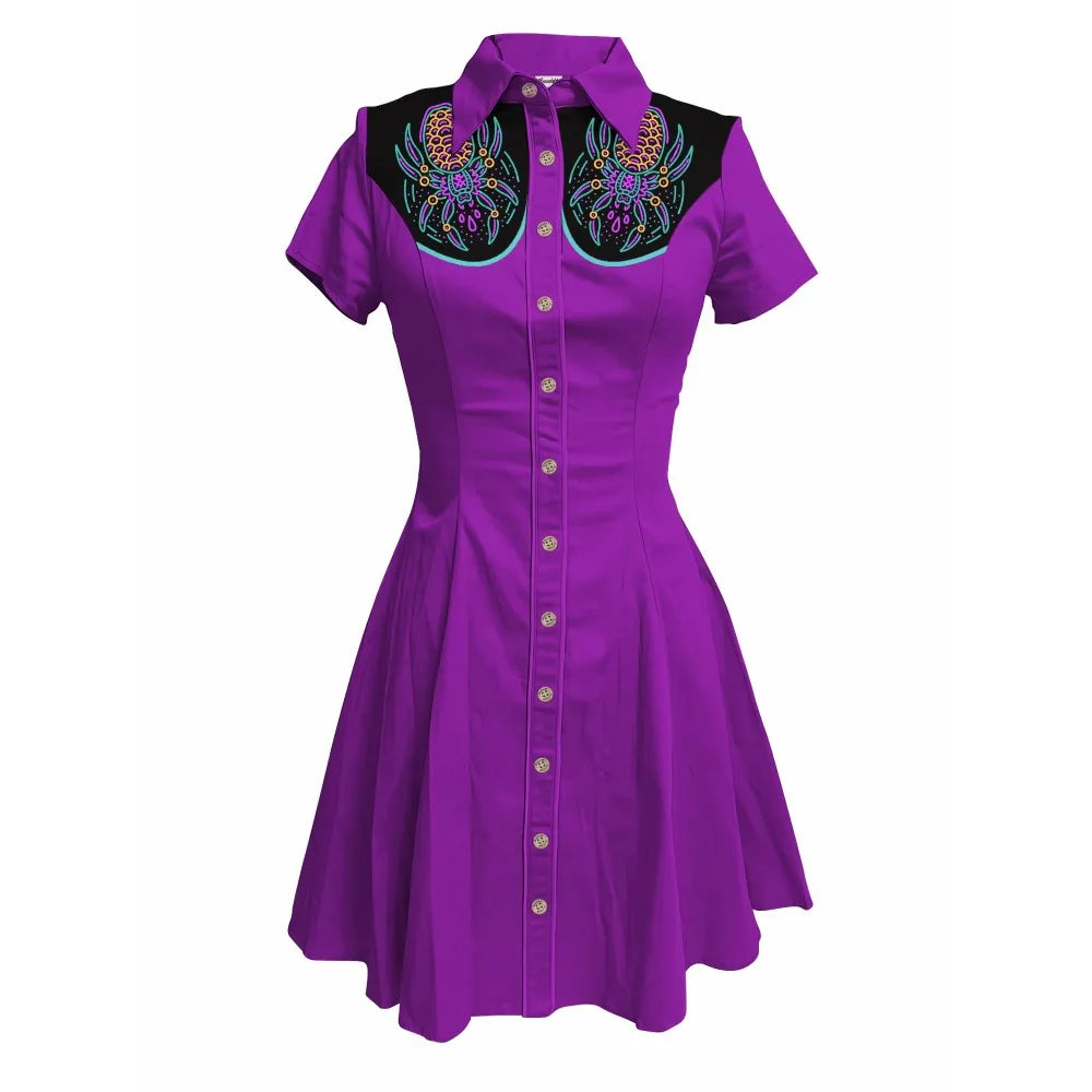 Short Sleeve Button-Front Shirt Dress with Spiderweb Yoke Graphic