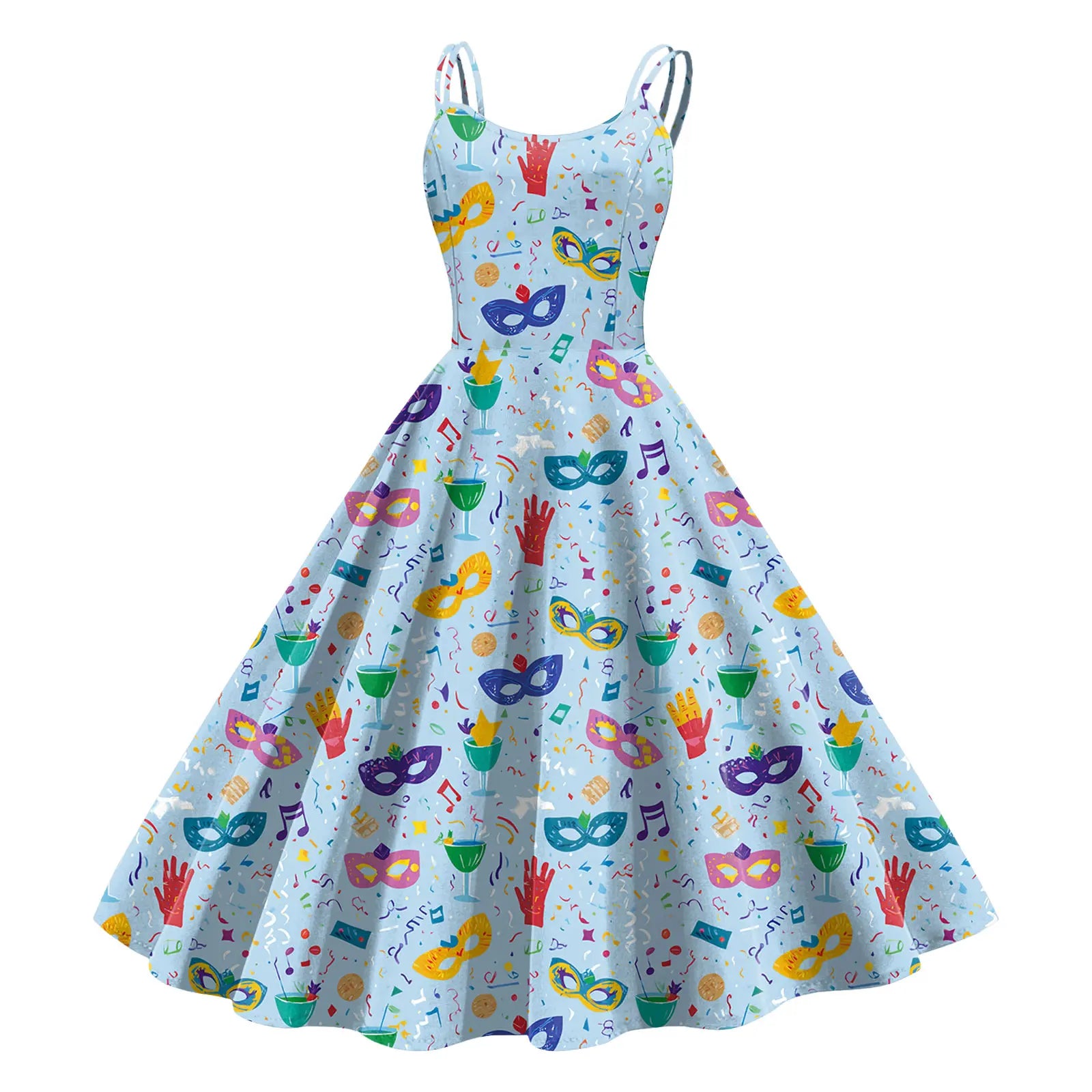 Sleeveless Mardi Gras Print Fit and Flare Dress