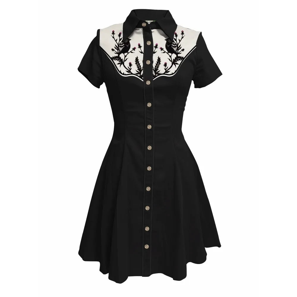 Short Sleeve Button-Front Shirt Dress with Rose Yoke Graphic