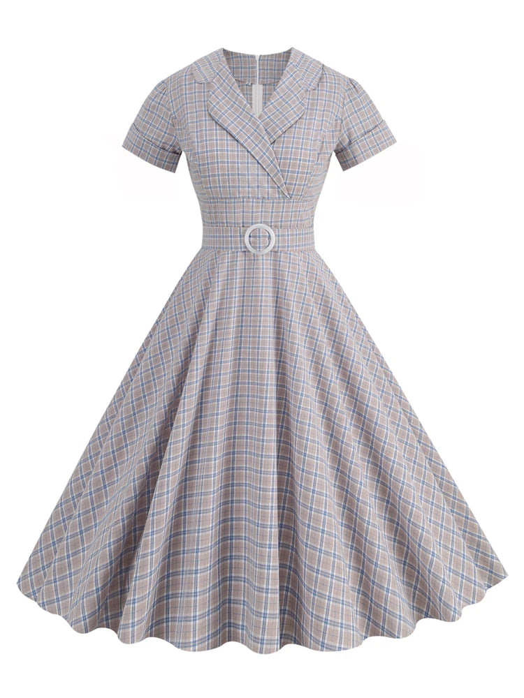 Plaid Wrap Collar Belted Fit & Flare Dress