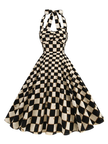Checkered Bow Halter Fit & Flare Dress