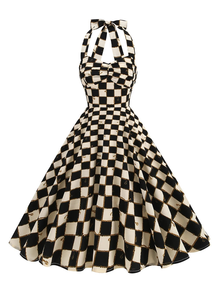 Checkered Bow Halter Fit & Flare Dress