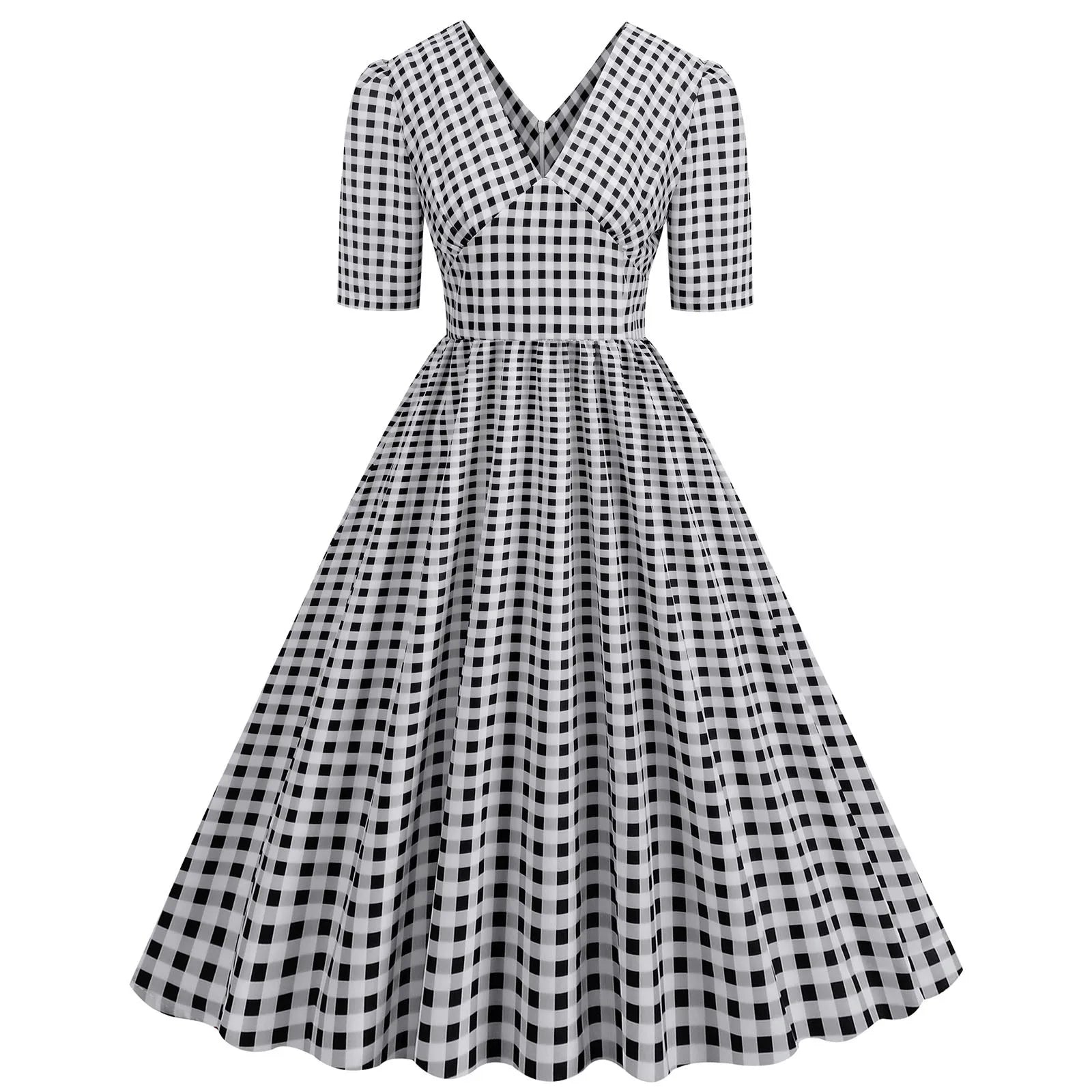 Gingham V-Neck Midi Dress with Fitted Bodice