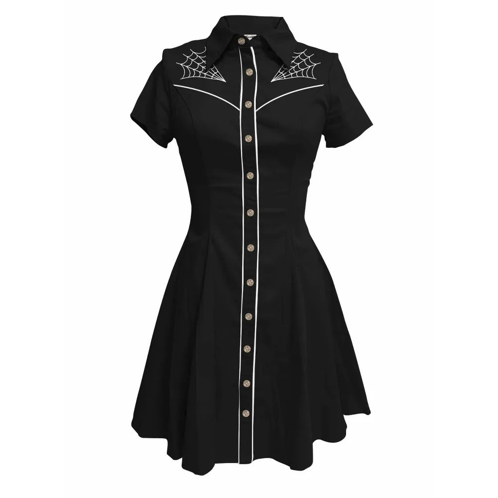 Short Sleeve Button-Front Shirt Dress with Spiderweb Yoke Graphic