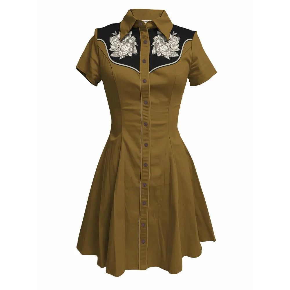 Short Sleeve Button-Front Shirt Dress with Moth Design