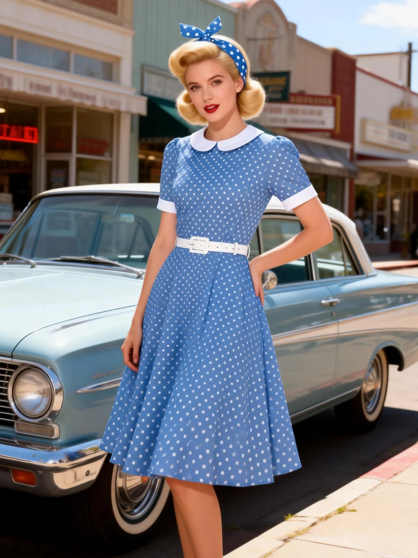 Polka Dot Collar Fit & Flare Dress with Headband