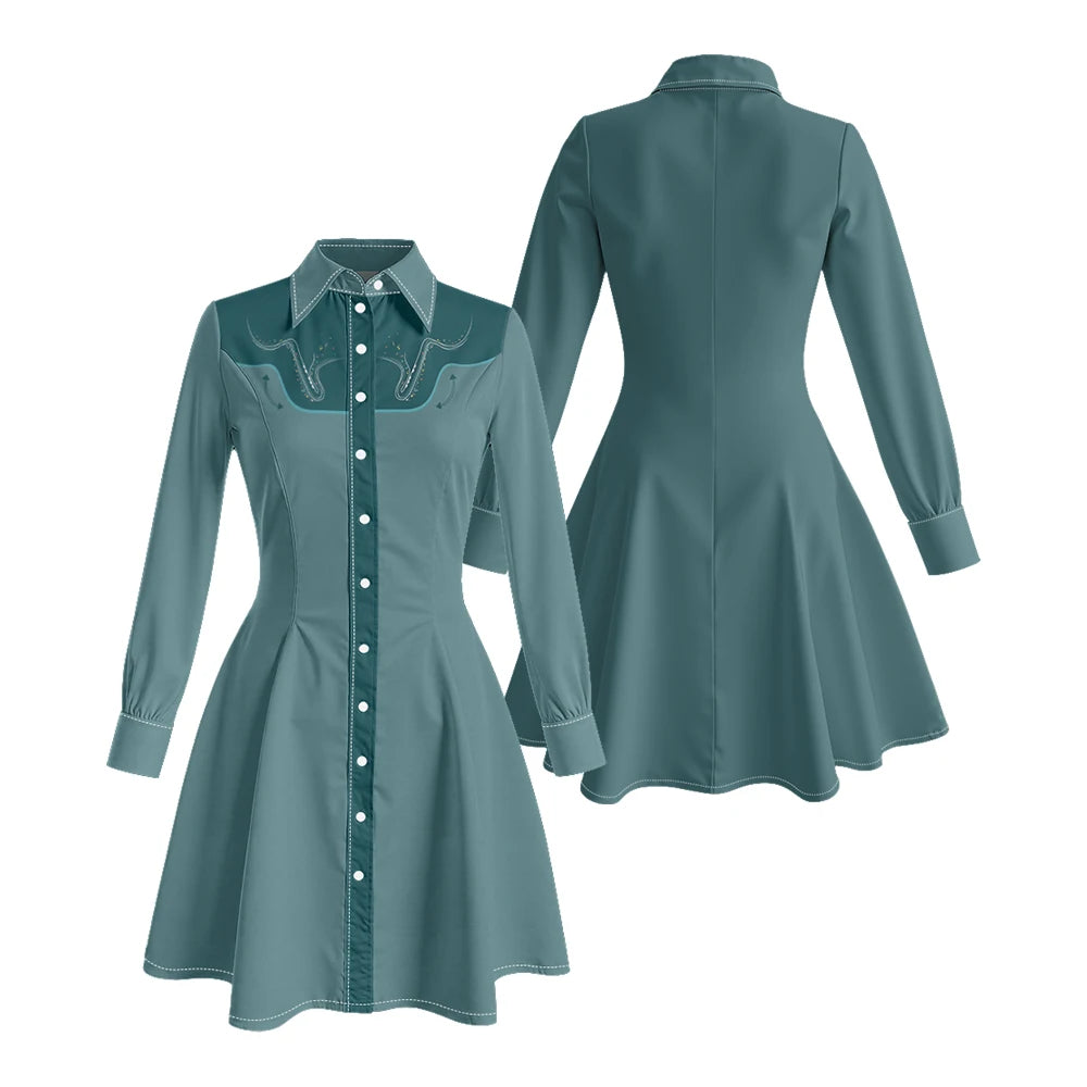 Long Sleeve Western-Style Button-Front Shirt Dress with Graphic Yoke