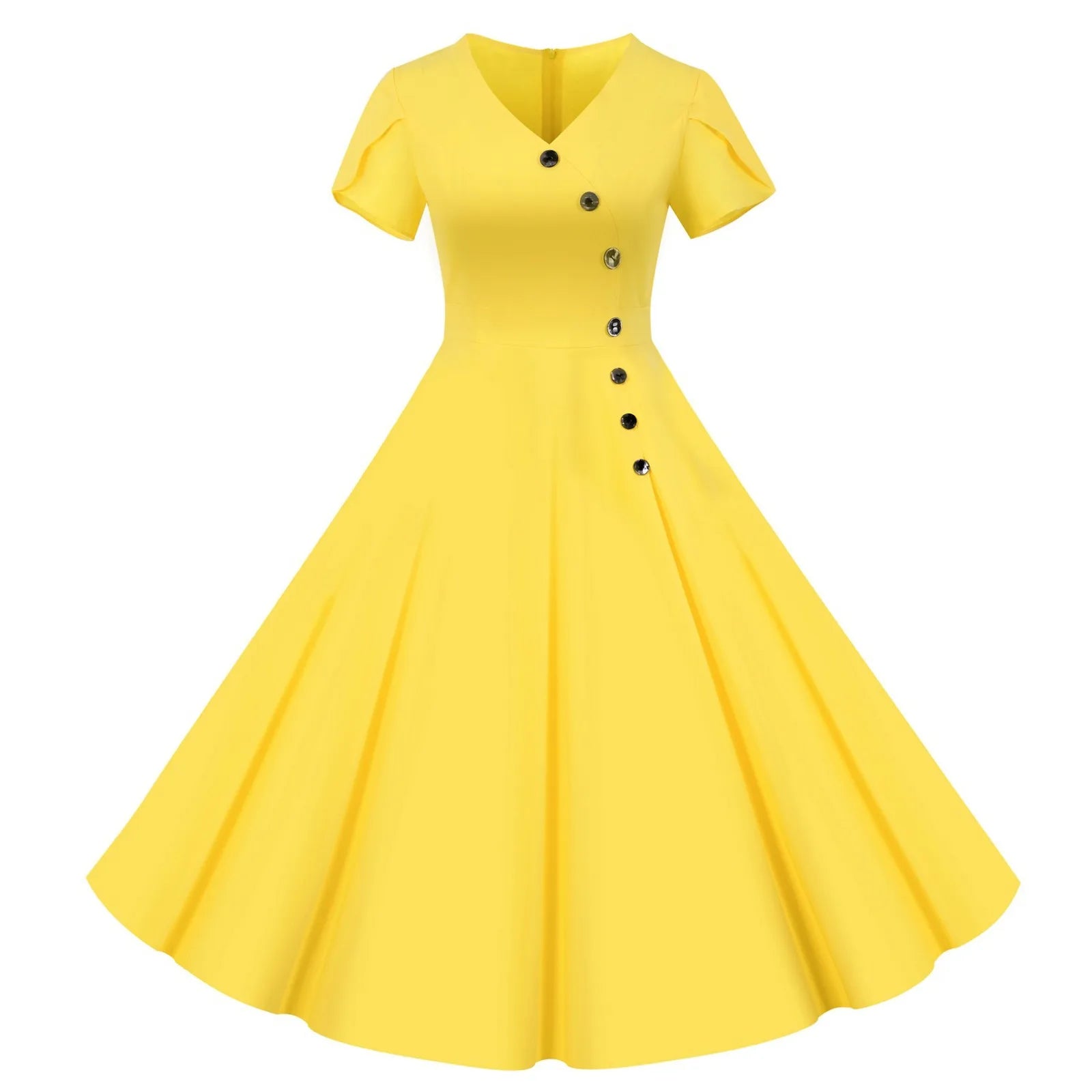 V-Neck Asymmetrical Button Midi Dress