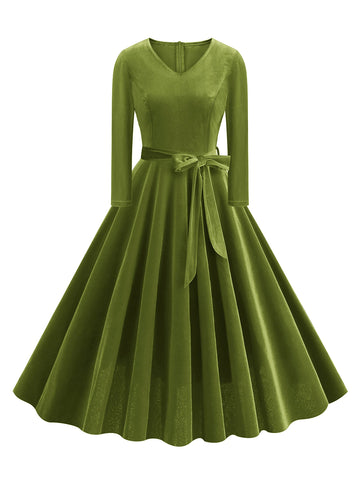 Long Sleeve V-Neck Belted Fit & Flare Dress