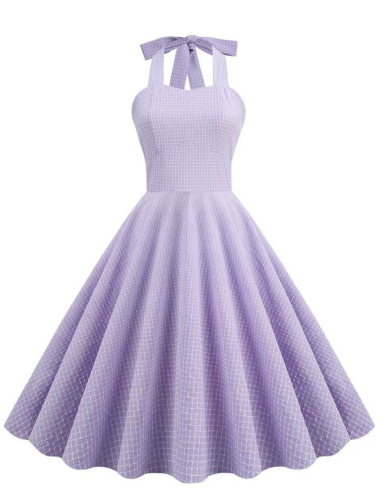 Halter Grid Print Fit & Flare Dress