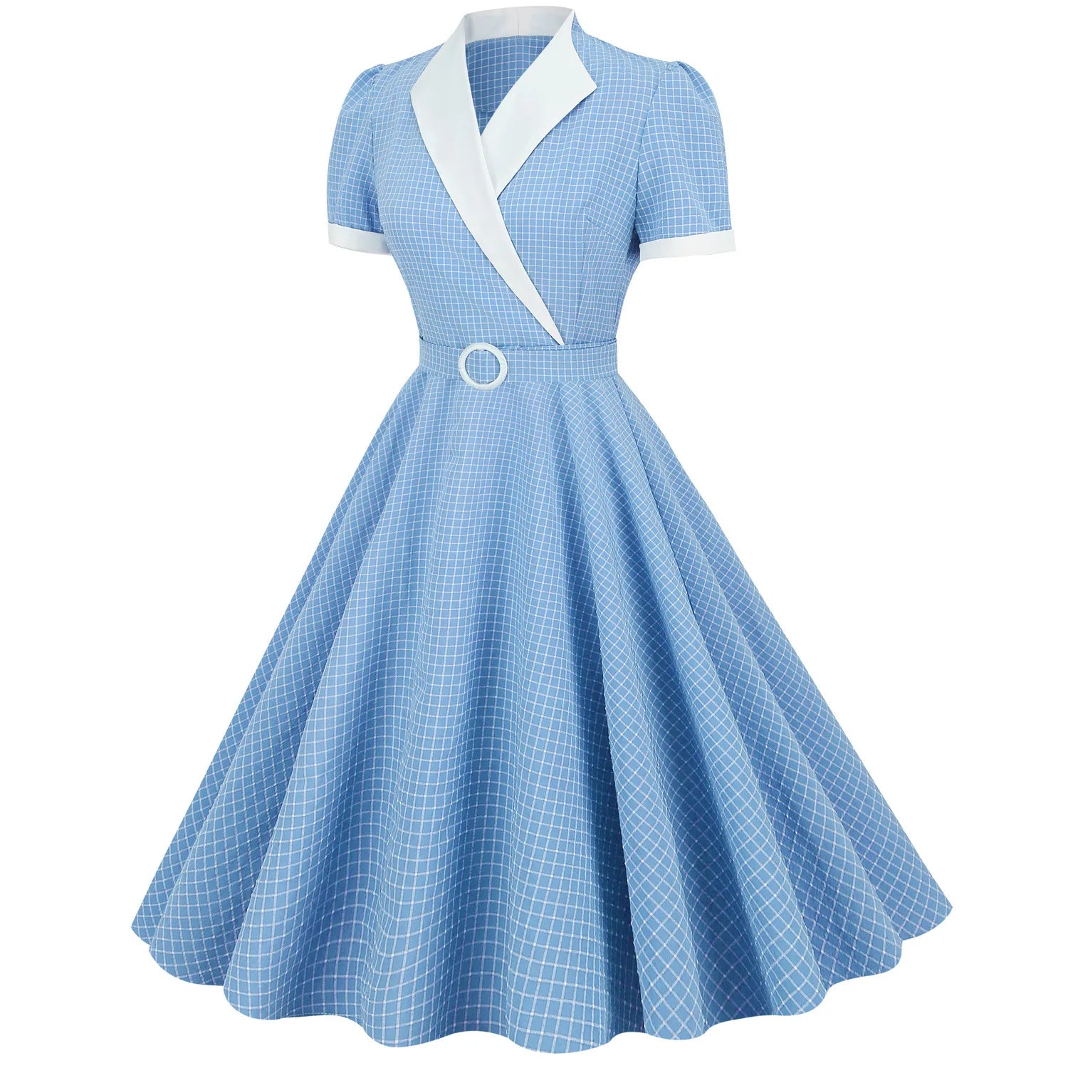 Women Vintage Gingham Dress V-Neck 1950s Swing Dress Rockabilly Cocktail Tea Party Dress WIth Belt Casual Dress Plaid Dress