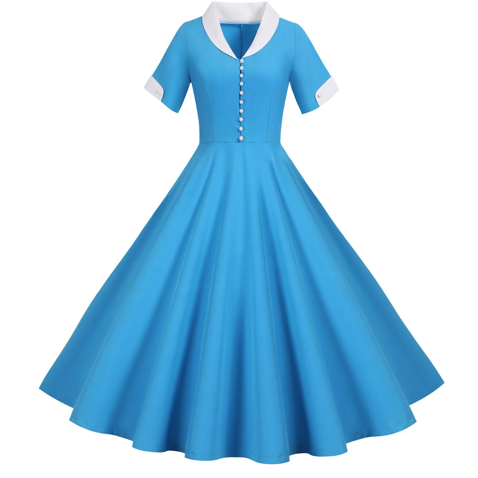 Contrast Collar Button Front Midi Dress