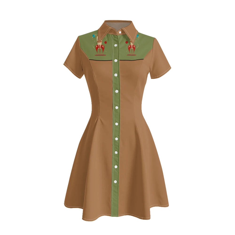 Short Sleeve Western-Style Button-Front Shirt Dress with Planet Yoke Print