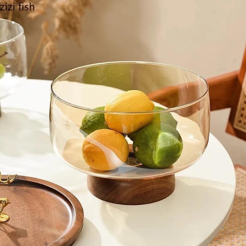 Mid-Century Modern Glass & Acacia Wood Pedestal Fruit Bowl