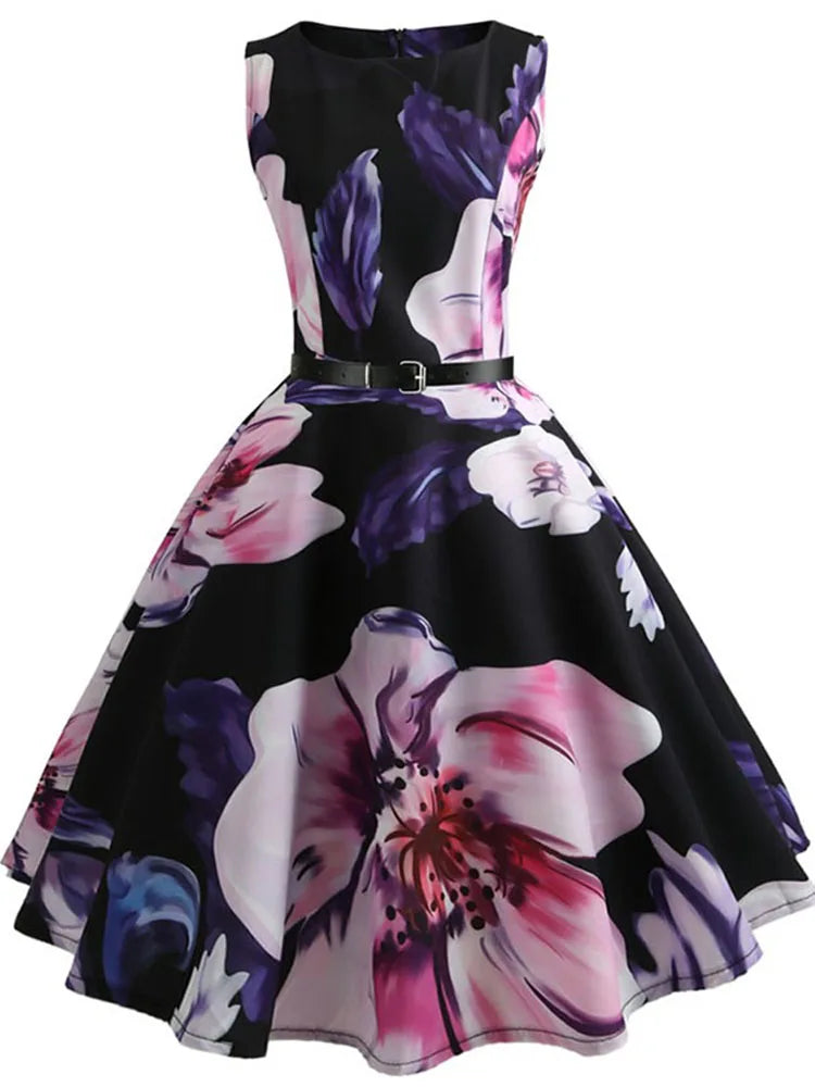 Floral Print Women Summer Dress Hepburn 50s 60s Retro Swing Vintage Dress A-Line Party Dresses With Belt jurken