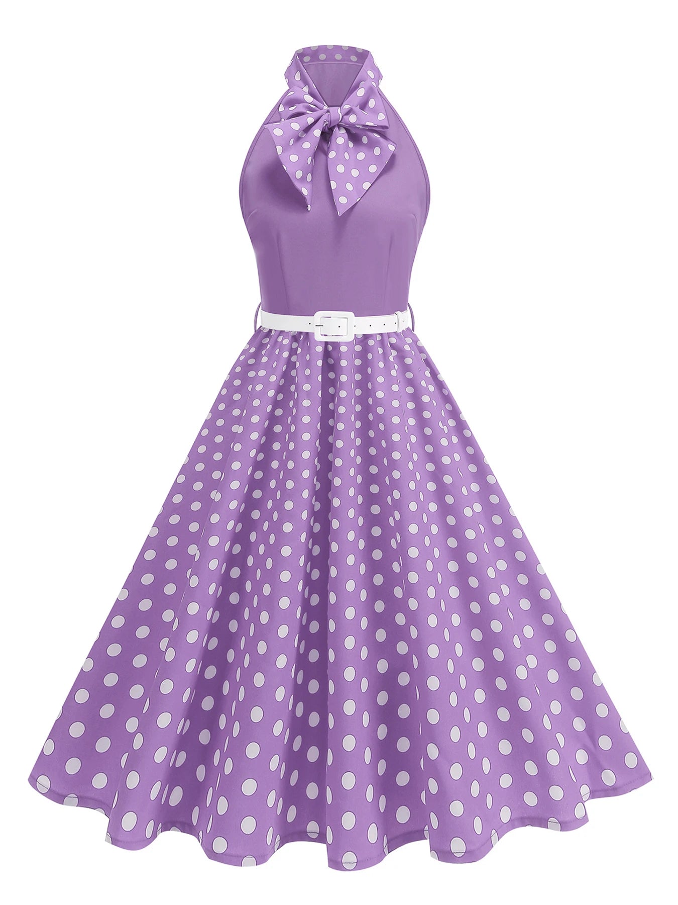 Halter Neck Polka Dot Midi Dress with Bow and Belt