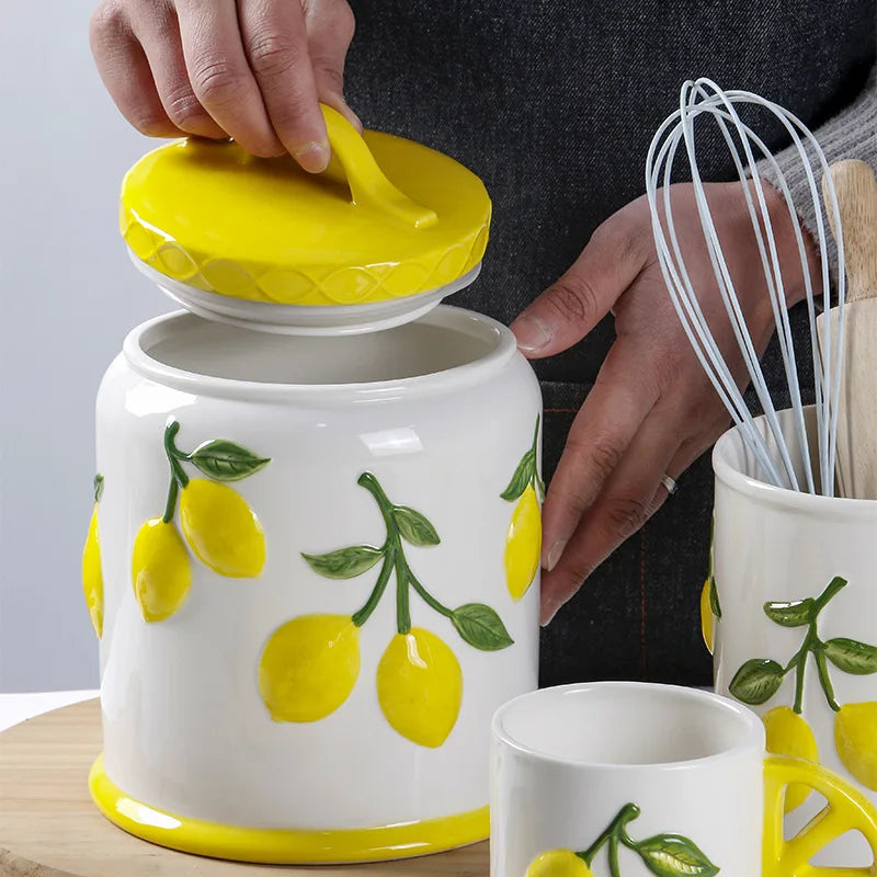 "Amalfi Coast" Embossed Lemon Ceramic Airtight Storage Canister