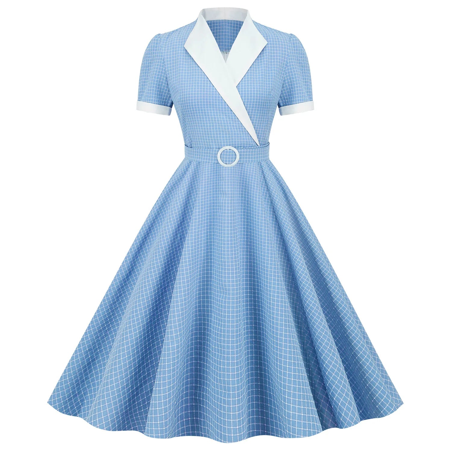 Women Vintage Gingham Dress V-Neck 1950s Swing Dress Rockabilly Cocktail Tea Party Dress WIth Belt Casual Dress Plaid Dress