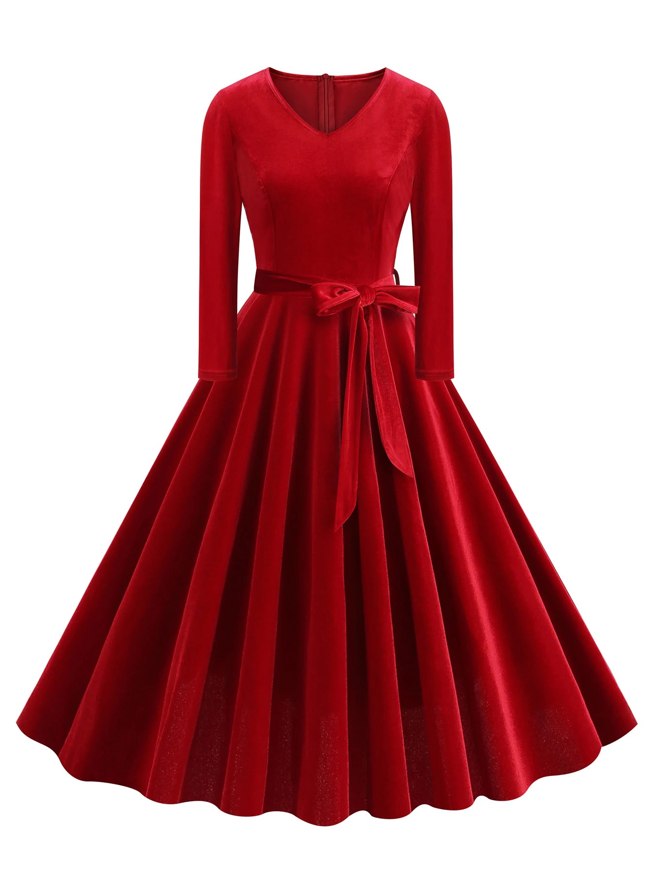 Long Sleeve V-Neck Belted Fit & Flare Dress