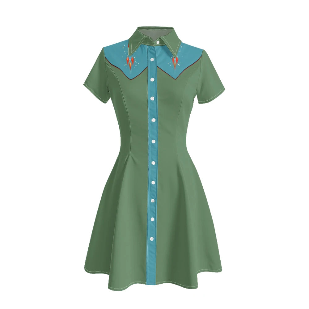 Short Sleeve Western-Style Button-Front Shirt Dress with Planet Yoke Print