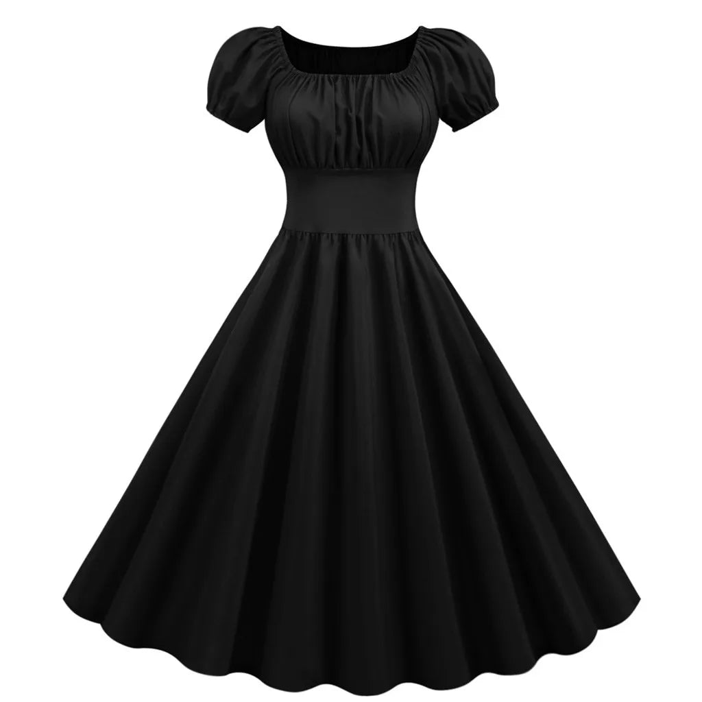 Puff Sleeve Square Neck Fit and Flare Midi Dress