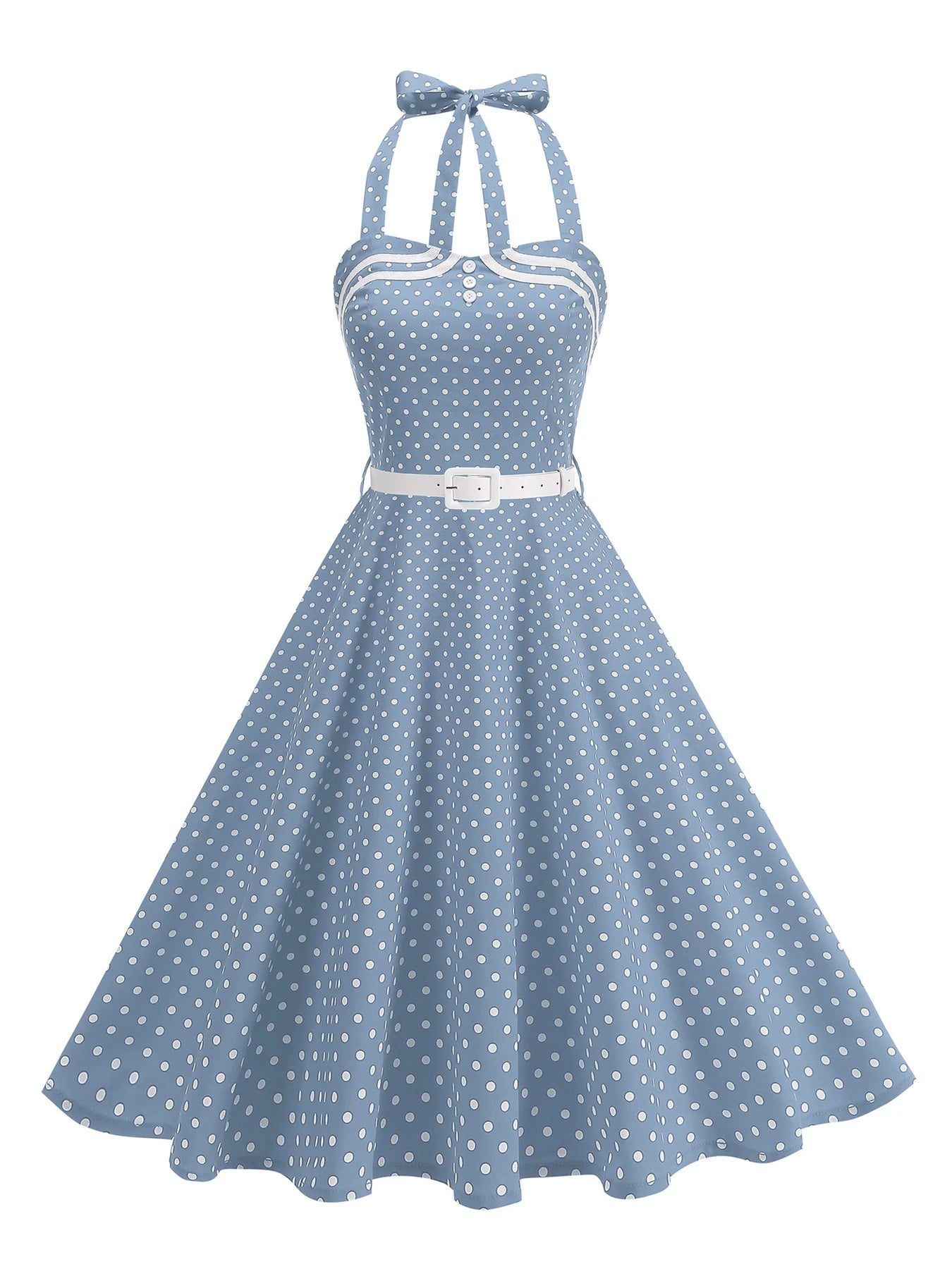 Polka Dot Trim Halter Belted Dress