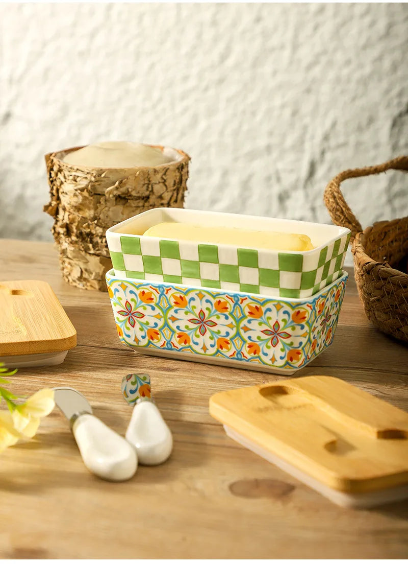 Americana Pastoral Ceramic Butter Dish with Bamboo Lid & Knife