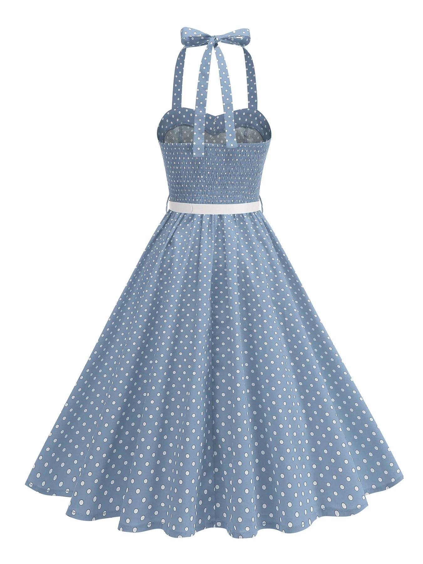 Polka Dot Trim Halter Belted Dress