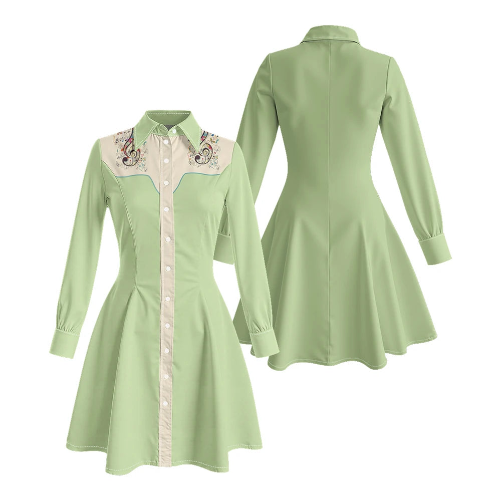 Long Sleeve Western-Style Button-Front Shirt Dress with Floral Yoke Graphic