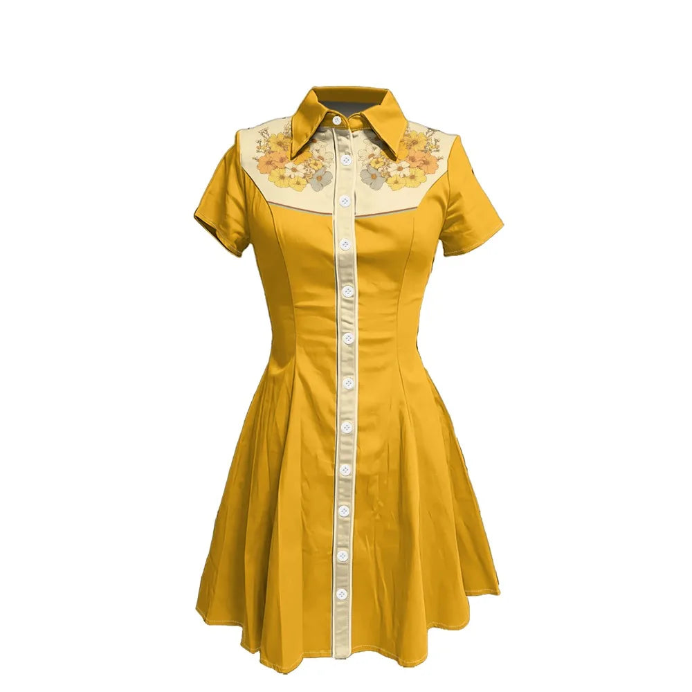 Short Sleeve Button-Front Shirt Dress with Floral Yoke and Contrast Placket