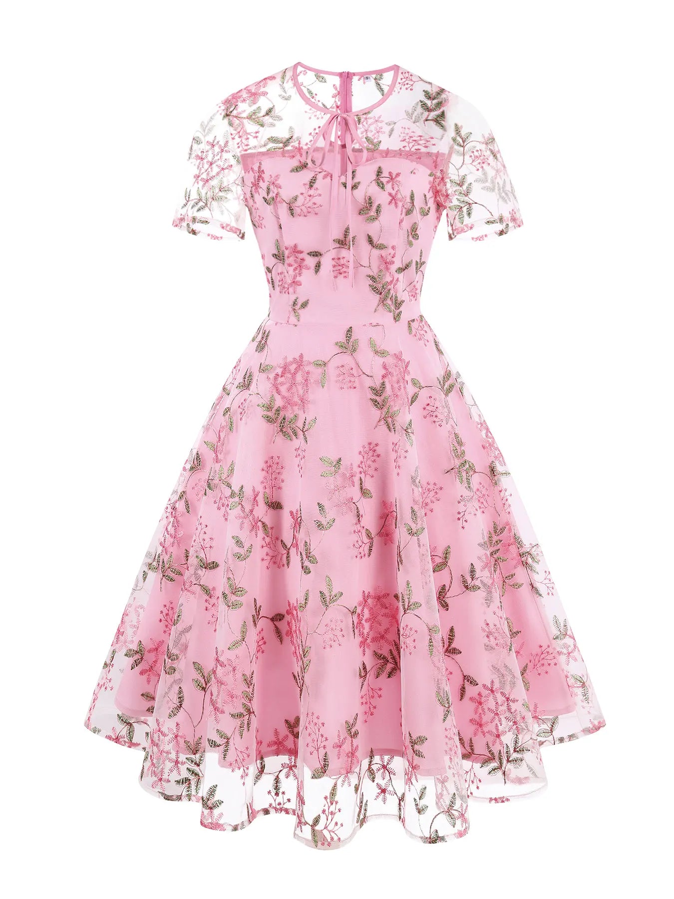 Embroidered Sheer Overlay Midi Dress with Tie Neck