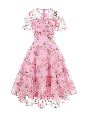 Embroidered Sheer Overlay Midi Dress with Tie Neck