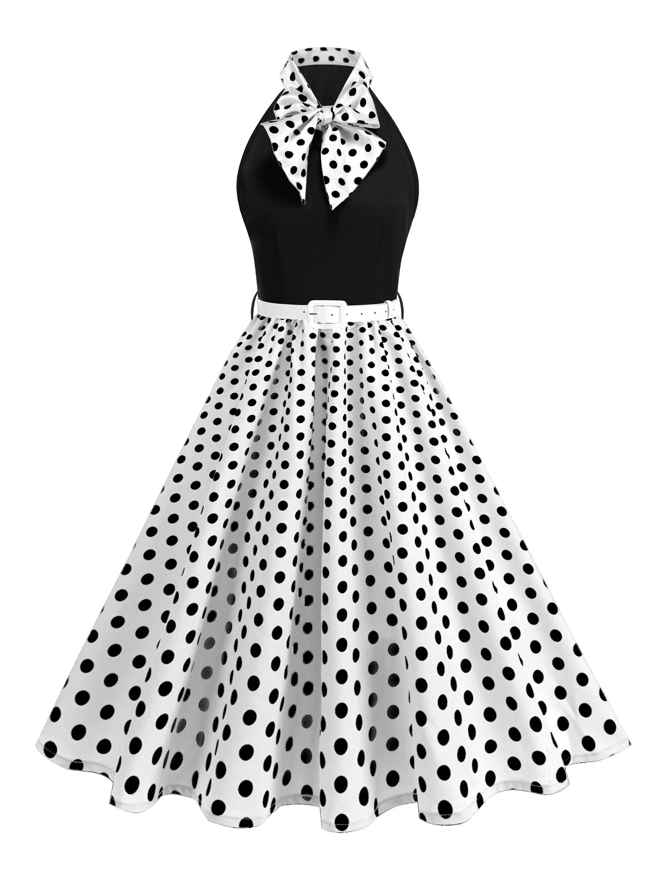 Halter Neck Polka Dot Midi Dress with Bow and Belt