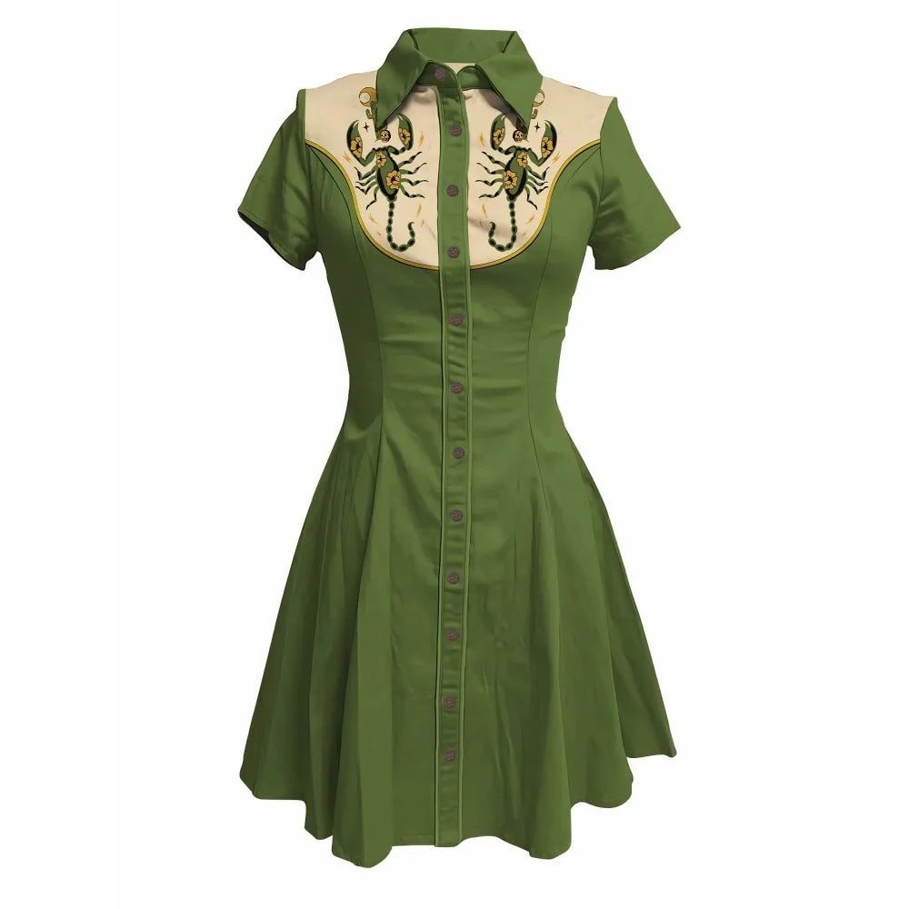Short Sleeve Western-Style Button-Front Shirt Dress with Scorpion Yoke Graphic