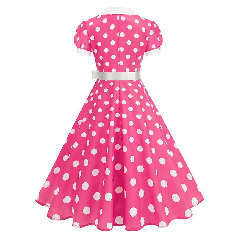 Vintage Polka Dot Pleated Summer Dress Women 1950s 60s Notched Collar Short Sleeve Belted Elegant Retro Clothing