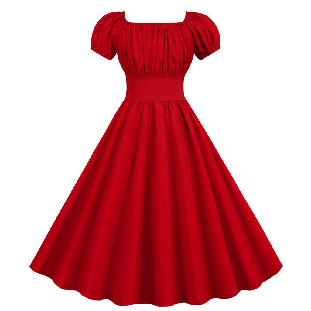 Puff Sleeve Square Neck Fit and Flare Midi Dress