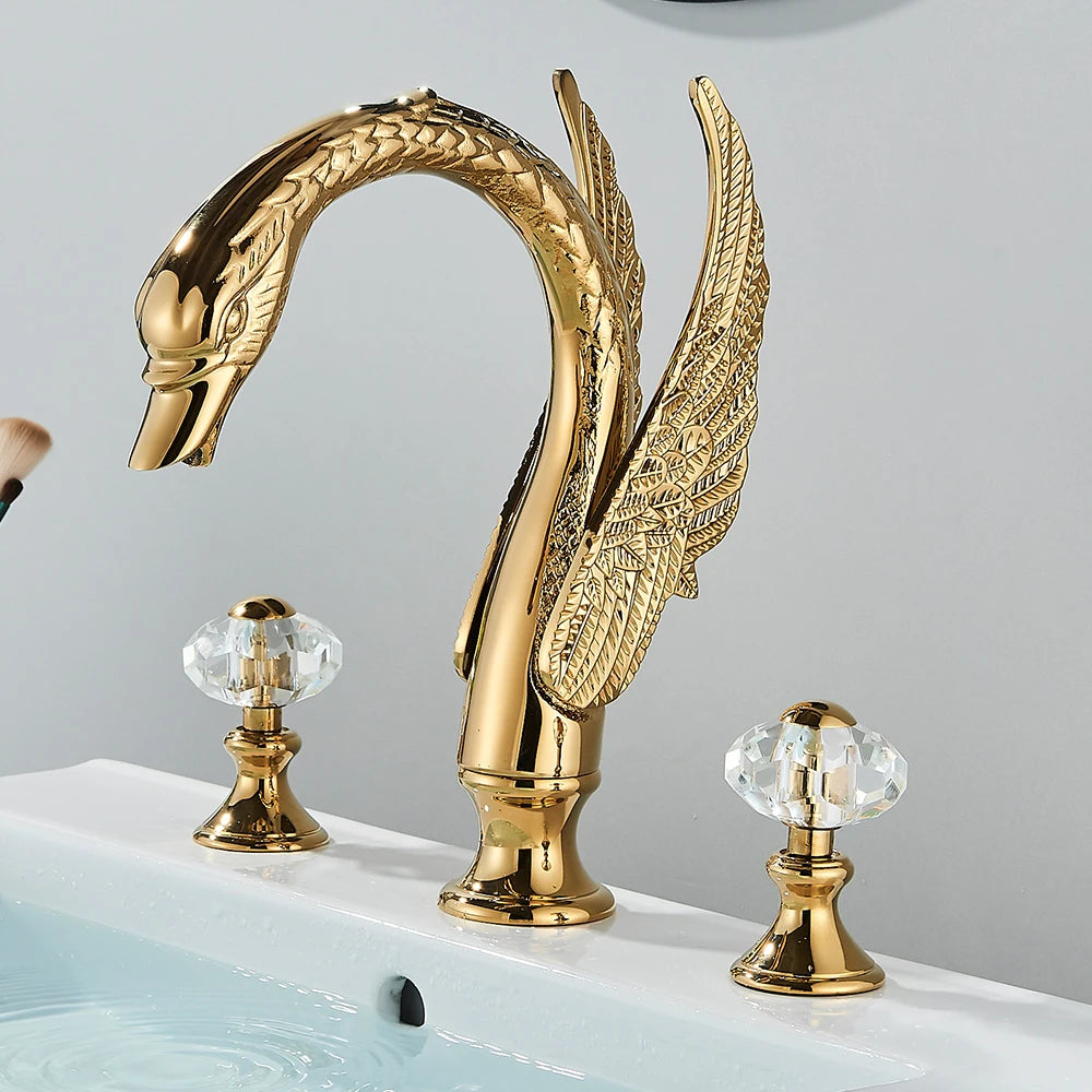 Hollywood Regency Golden Swan Dual Crystal Handle Basin Tap
