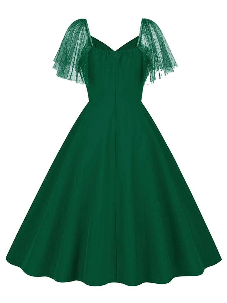 Sheer Mesh Sleeve Fit and Flare Midi Dress