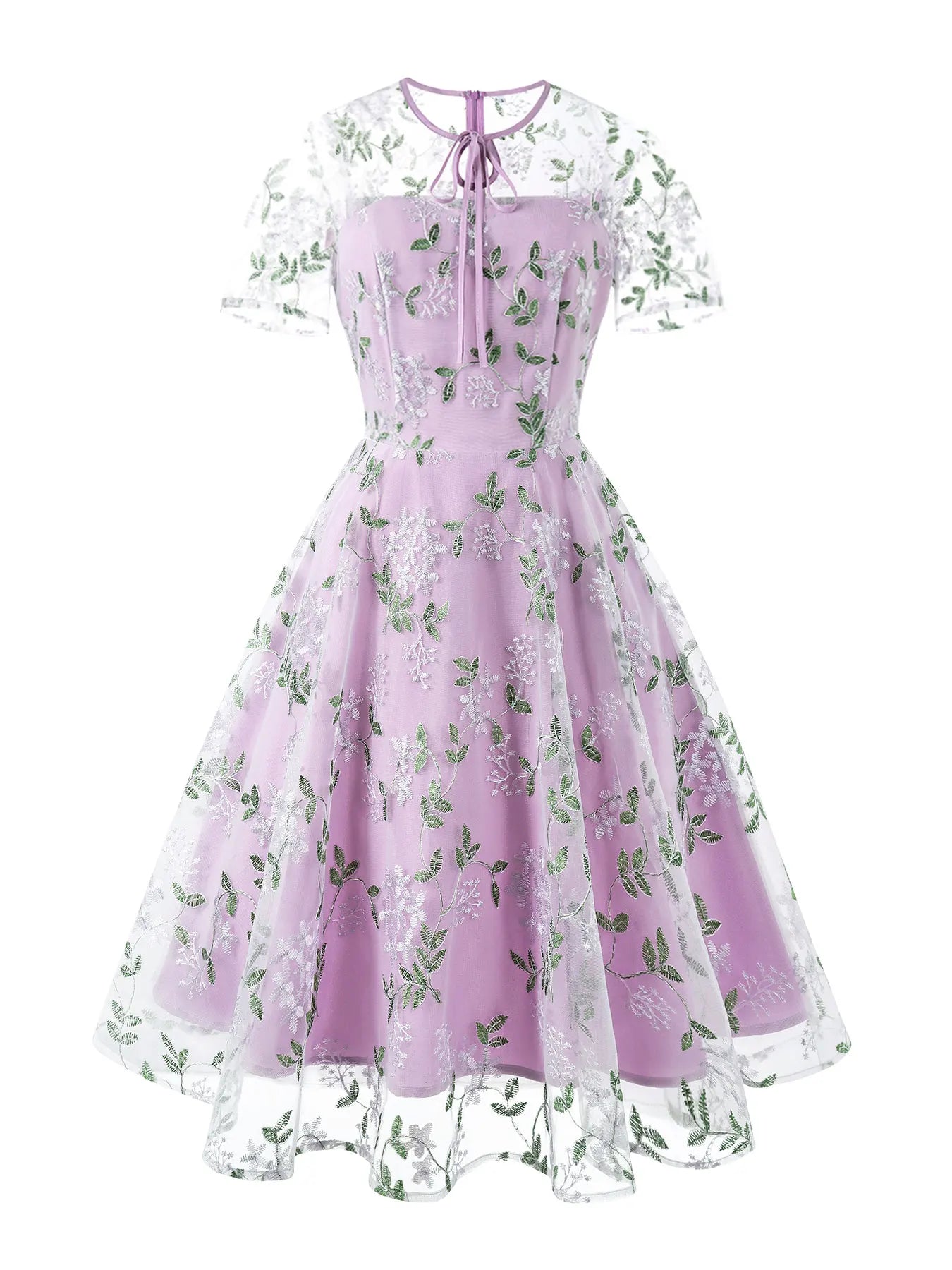 Embroidered Sheer Overlay Midi Dress with Tie Neck