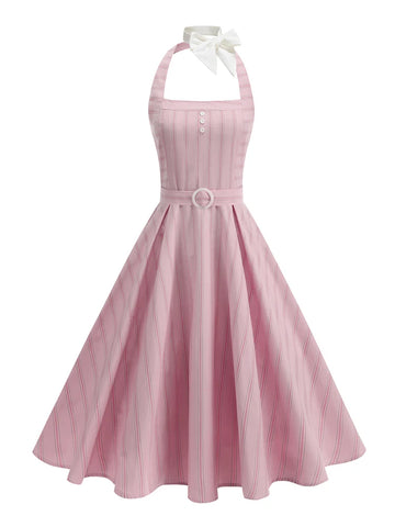Striped Halter Belted Midi Dress