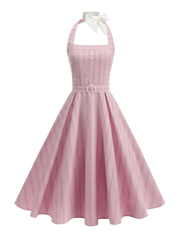 Striped Halter Belted Midi Dress