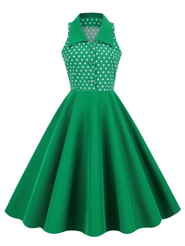 Sleeveless Polka Dot Bodice Midi Dress with Collar