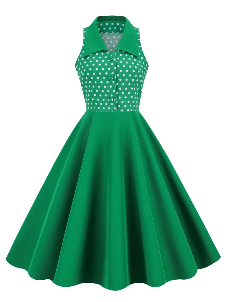 Sleeveless Polka Dot Bodice Midi Dress with Collar