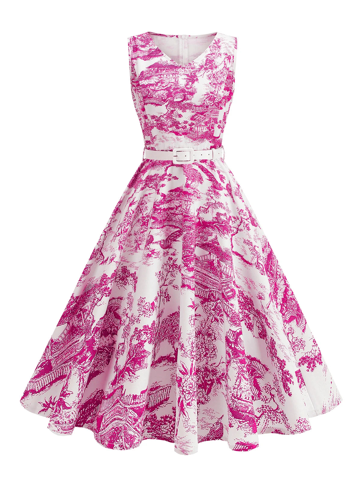 Scenic Print Belted Fit & Flare Dress