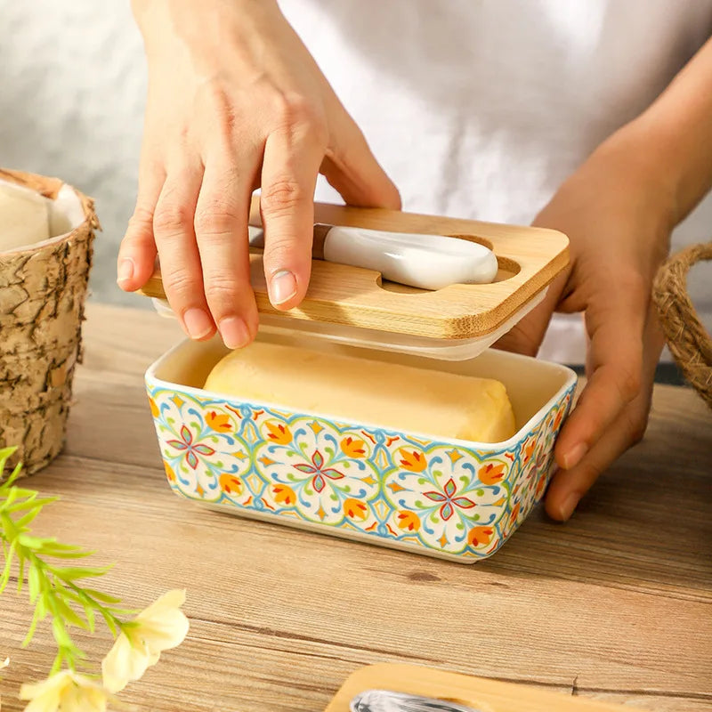 Americana Pastoral Ceramic Butter Dish with Bamboo Lid & Knife