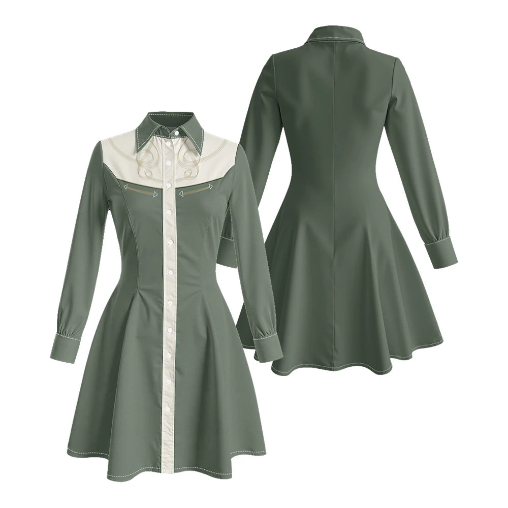 Long Sleeve Western-Style Button-Front Shirt Dress with Graphic Yoke