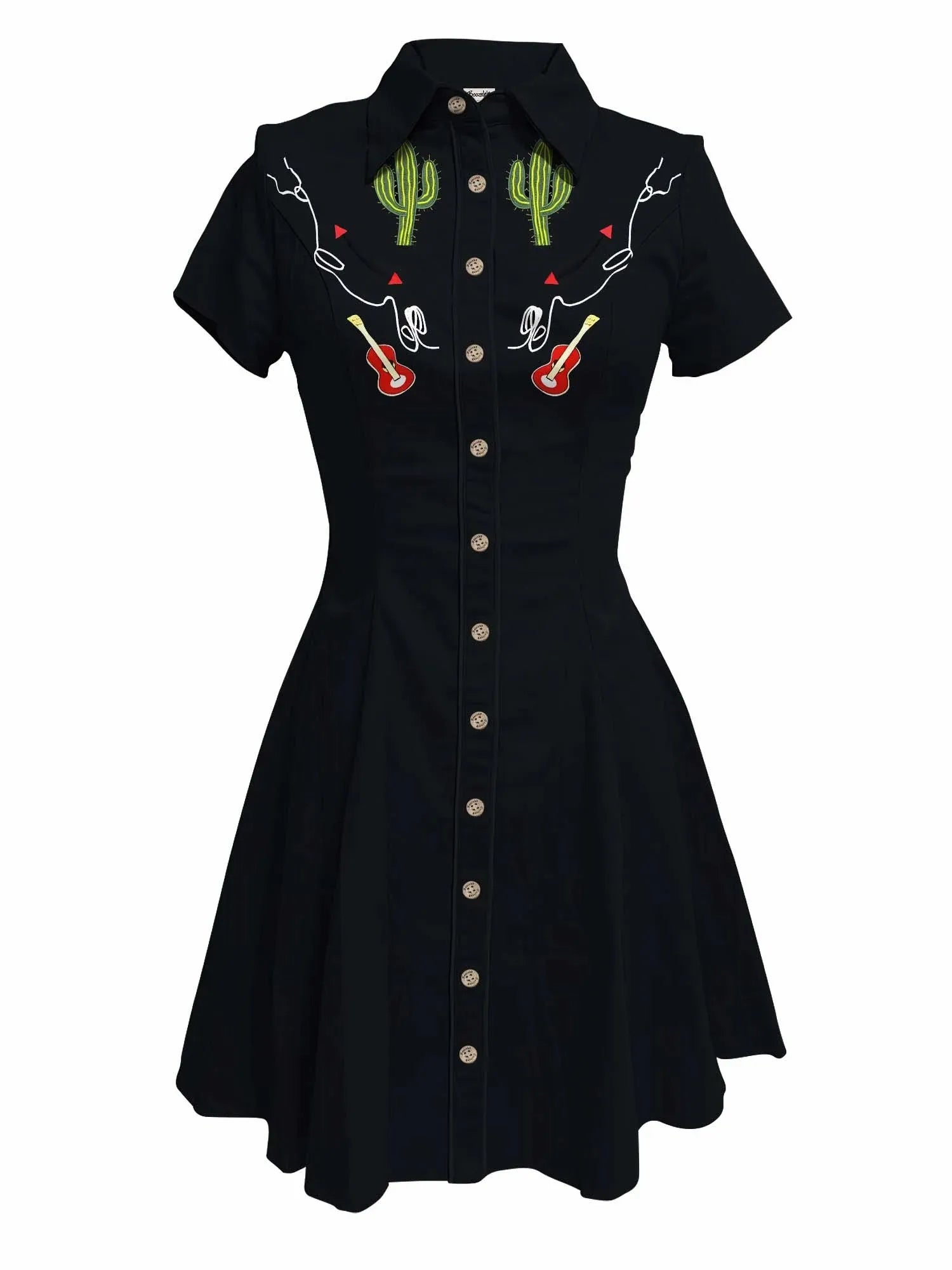 Short Sleeve Western-Inspired Button-Front Shirt Dress with Cactus Embroidery