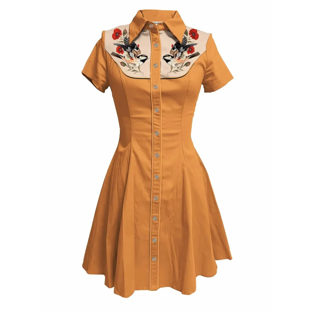 Short Sleeve Button-Front Shirt Dress with Bird Yoke Graphic