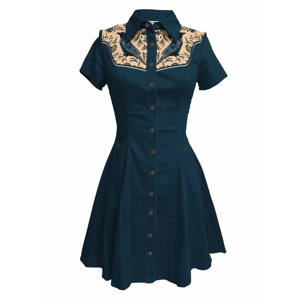 Short Sleeve Button-Front Shirt Dress with Bird Yoke Graphic